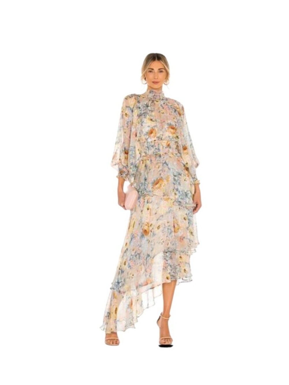 ELLIATT Astrid Long Sleeve Floral Tiered High Neck Asymmetrical Midi Dress S